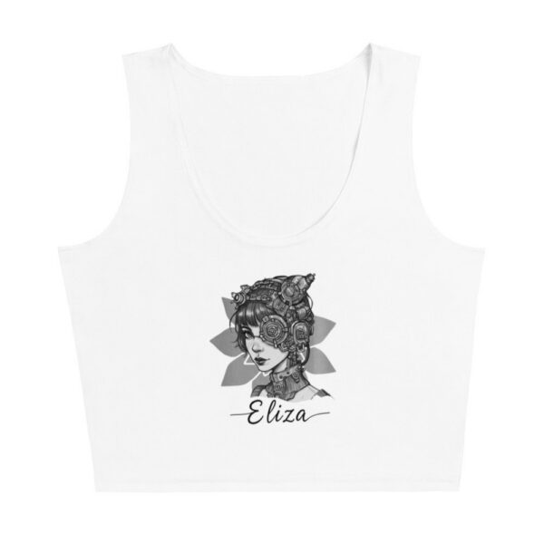 Crop-top steampunk Eliza, dessin visage féminin noir et gris — PunkForge