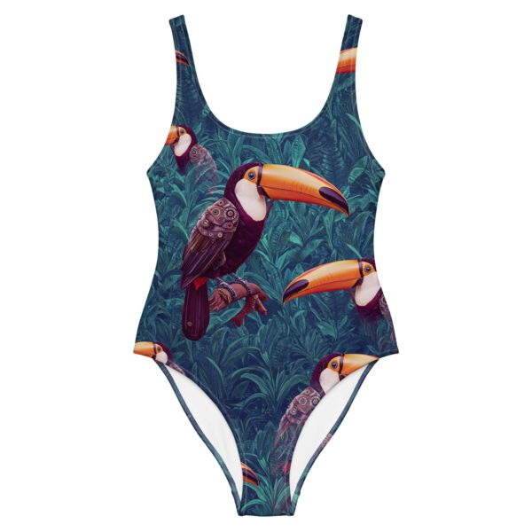 Maillot de bain une pièce motif toucans, dos nu et tissu lisse — PunkForge