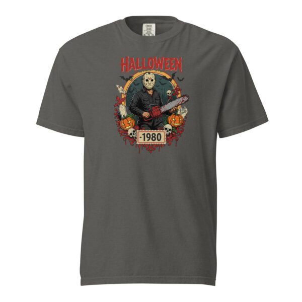 T-shirt teinté lourd unisexe gris avec motif Halloween 1980 — PunkForge