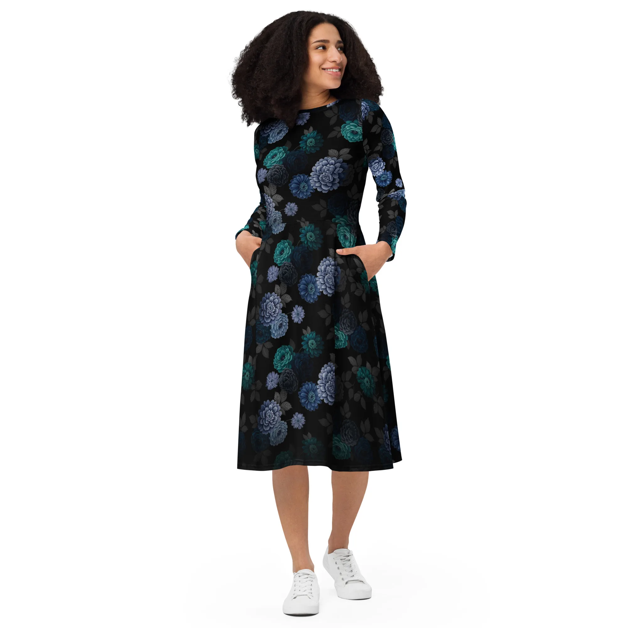 Robe Florale Gothique – Robe Mi-Longue Manches Longues avec Poches – Style Sombre Élégant Femme — PunkForge