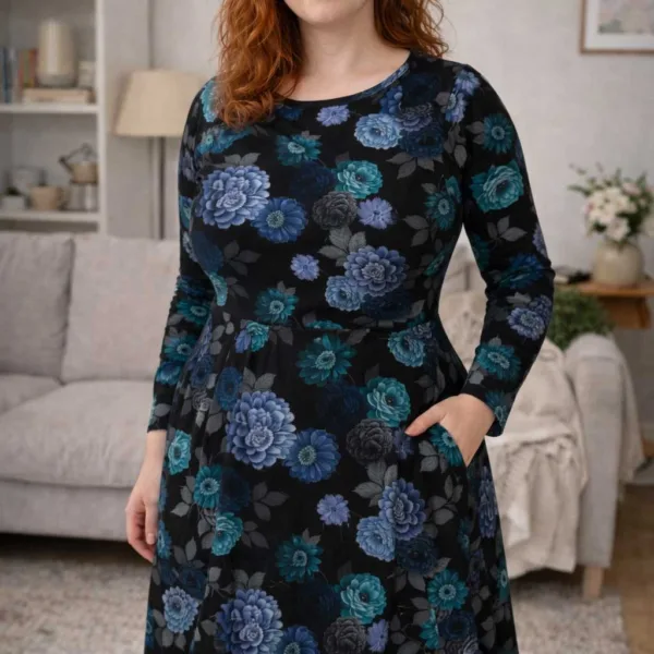 Robe Florale Gothique – Robe Mi-Longue Manches Longues avec Poches – Style Sombre Élégant Femme — PunkForge