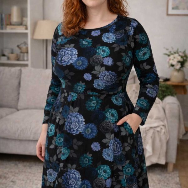 Robe Florale Gothique – Robe Mi-Longue Manches Longues avec Poches – Style Sombre Élégant Femme