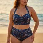 Bikini Grande Taille Fleuri Bleu Marine, Maillot Taille Haute S à 7XL, Ensemble Femme Rétr