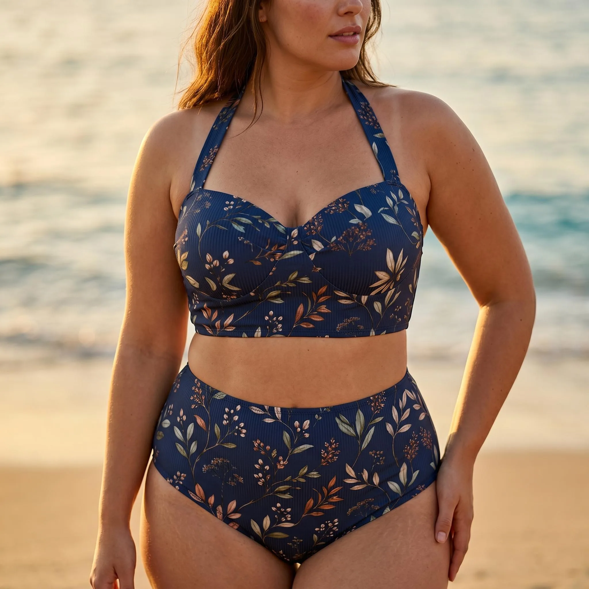 Bikini Grande Taille Fleuri Bleu Marine, Maillot Taille Haute S à 7XL, Ensemble Femme Rétr – photo 1 Bikini Grande Taille Fleuri Bleu Marine, Maillot Taille Haute S à 7XL, Ensemble Femme Rétr
