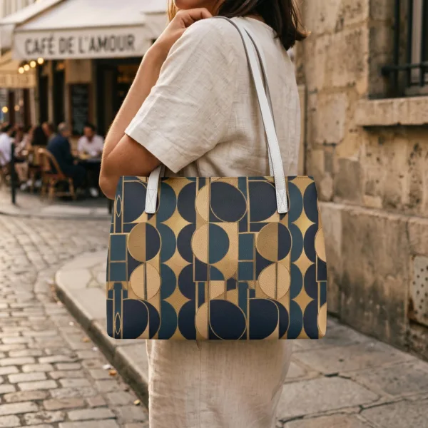 Grand Sac Cabas Géométrique Vintage, Sac Tote Bag Chic Femme, Sac PU Cuir Style Rétro Élégant