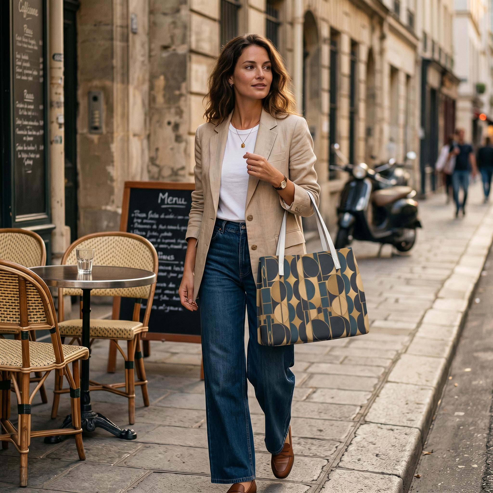 Grand Sac Cabas Géométrique Vintage, Sac Tote Bag Chic Femme, Sac PU Cuir Style Rétro Élégant — vue 8