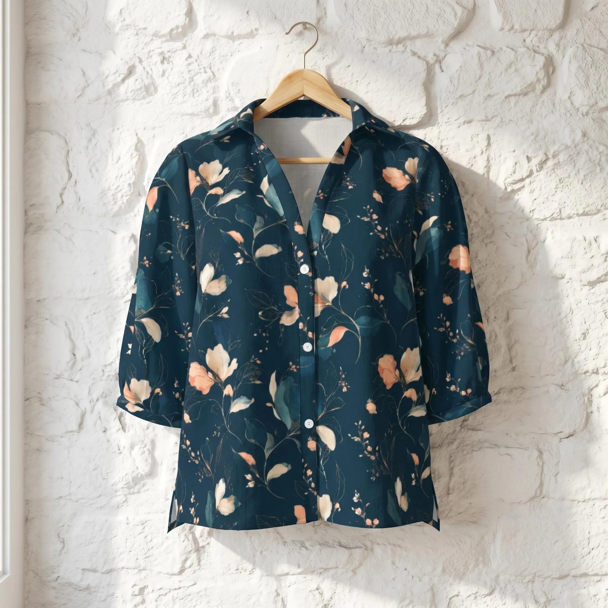 Chemise Femme Fleurie Sombre – Blouse Bohème Chic Dark Floral Bleu Nuit Coupe Ample Élégante - Du XS au 2XL. — vue 2