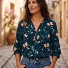Chemise Femme Fleurie Sombre – Blouse Bohème Chic Dark Floral Bleu Nuit Coupe Ample Élégante - Du XS au 2XL. — vue 6