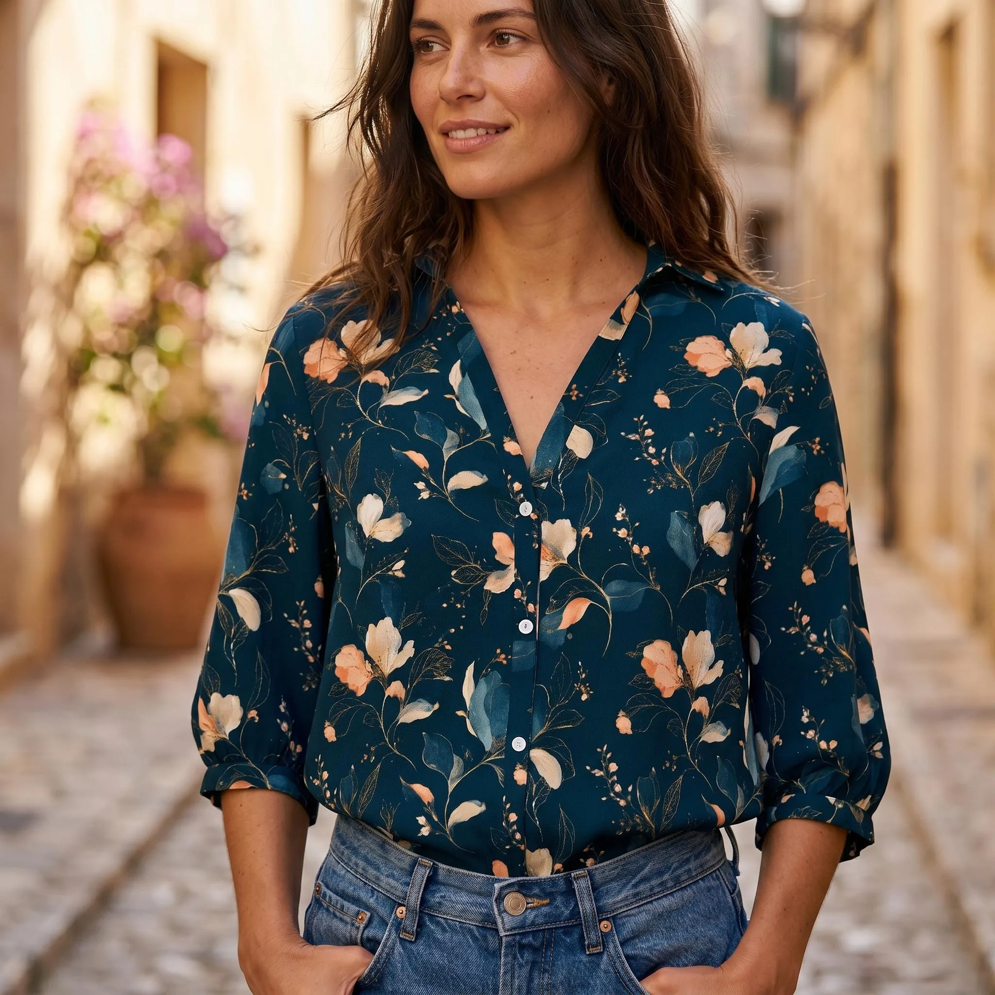 Chemise Femme Fleurie Sombre – Blouse Bohème Chic Dark Floral Bleu Nuit Coupe Ample Élégante - Du XS au 2XL. — vue 6