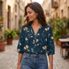 Chemise Femme Fleurie Sombre – Blouse Bohème Chic Dark Floral Bleu Nuit Coupe Ample Élégante - Du XS au 2XL. — vue 9