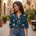 Chemise Femme Fleurie Sombre – Blouse Bohème Chic Dark Floral Bleu Nuit Coupe Ample Élégante - Du XS au 2XL. — vue 9