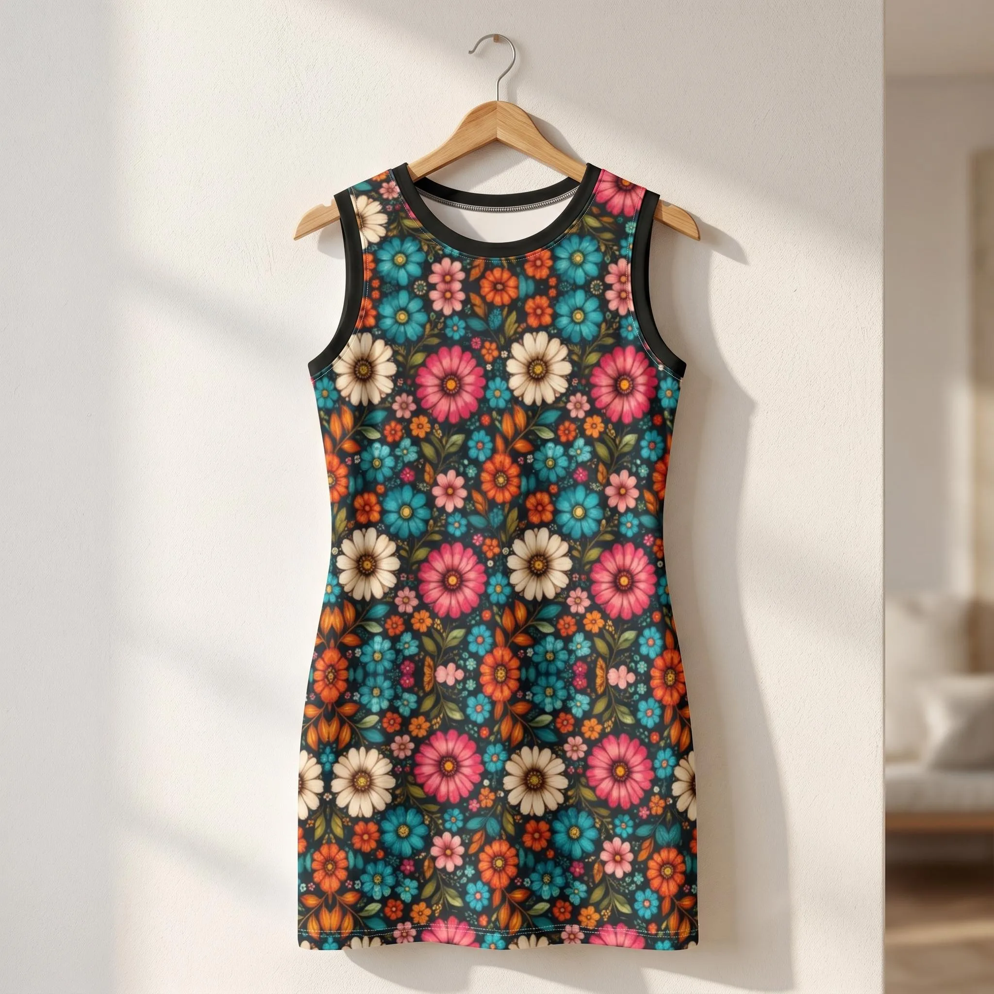 Robe Moulante Florale Femme | Mini Robe Sans Manches | Silhouette Flatteuse | Robe Été Colorée Vintage Chic | — vue 2