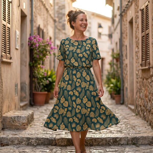 Robe Longue Tropicale Femme XS-3XL | Robe Bohème Chic Taille Élastique | Robe Fluide Vacances Été Feuillage Do