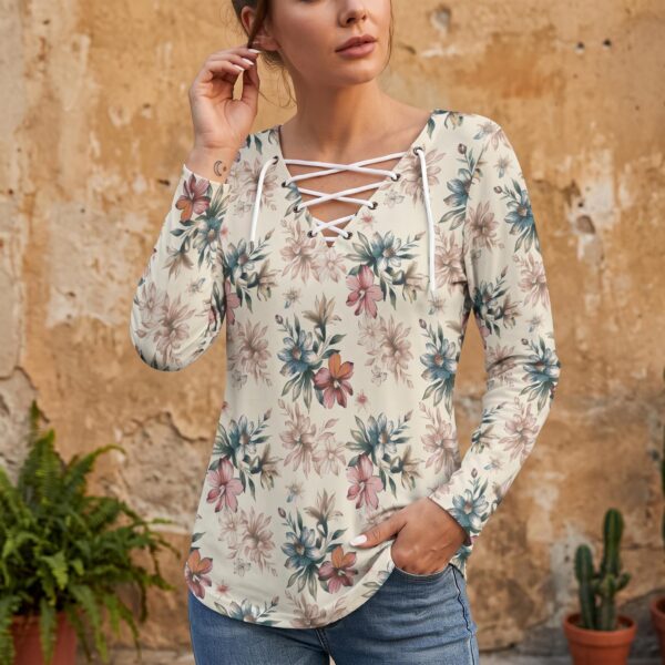 Blouse Florale Femme Col Lacé | Haut Bohème Chic Manches Longues | Tunique Romantique Printemps Été | Grande T
