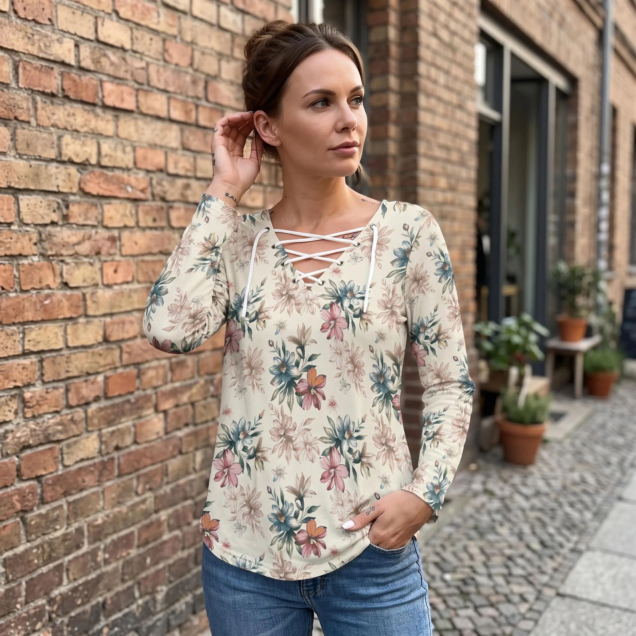 Blouse Florale Femme Col Lacé | Haut Bohème Chic Manches Longues | Tunique Romantique Printemps Été | Grande T — vue 2