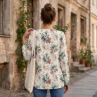 Blouse Florale Femme Col Lacé | Haut Bohème Chic Manches Longues | Tunique Romantique Printemps Été | Grande T — vue 3