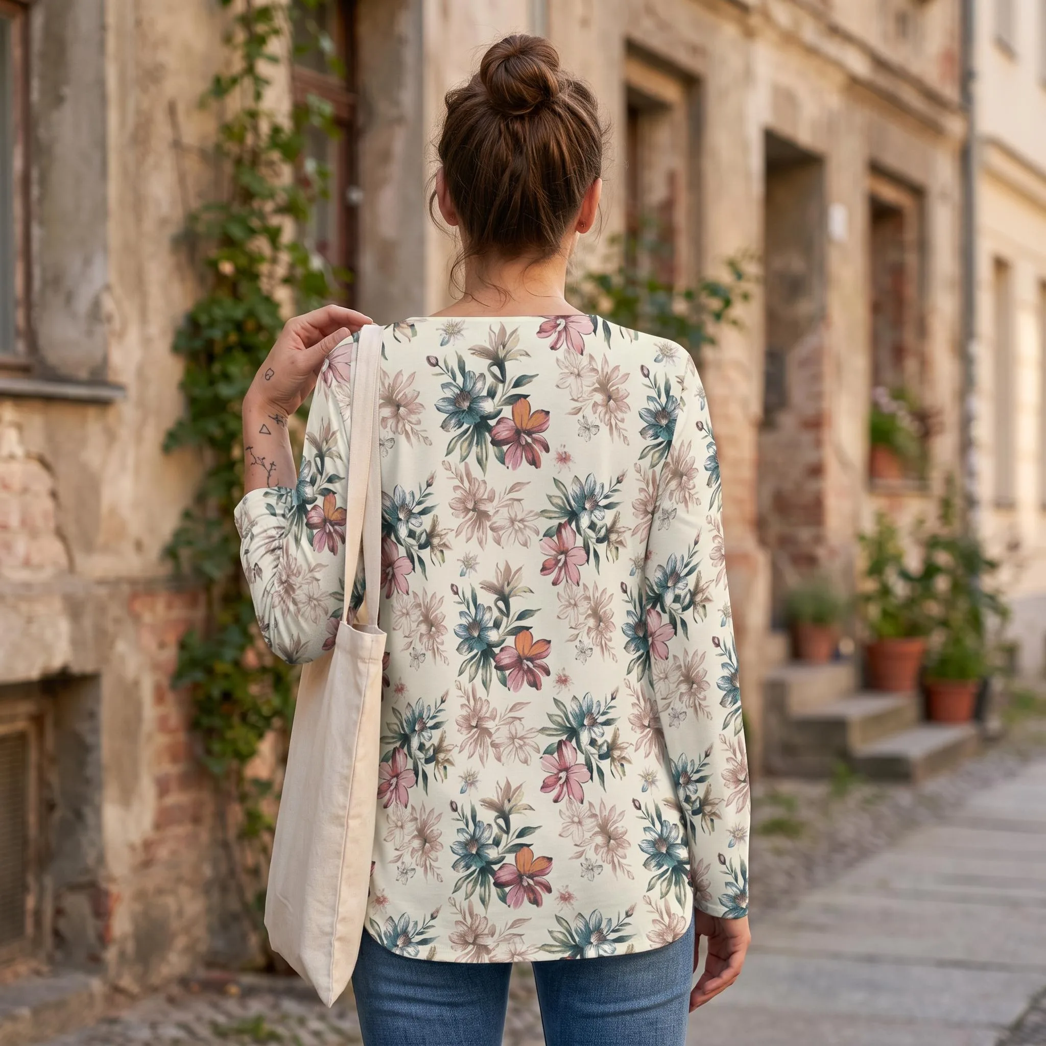 Blouse Florale Femme Col Lacé | Haut Bohème Chic Manches Longues | Tunique Romantique Printemps Été | Grande T — vue 3