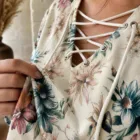 Blouse Florale Femme Col Lacé | Haut Bohème Chic Manches Longues | Tunique Romantique Printemps Été | Grande T — vue 4