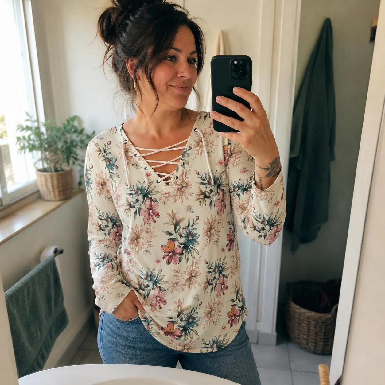 Blouse Florale Femme Col Lacé | Haut Bohème Chic Manches Longues | Tunique Romantique Printemps Été | Grande T — vue 5