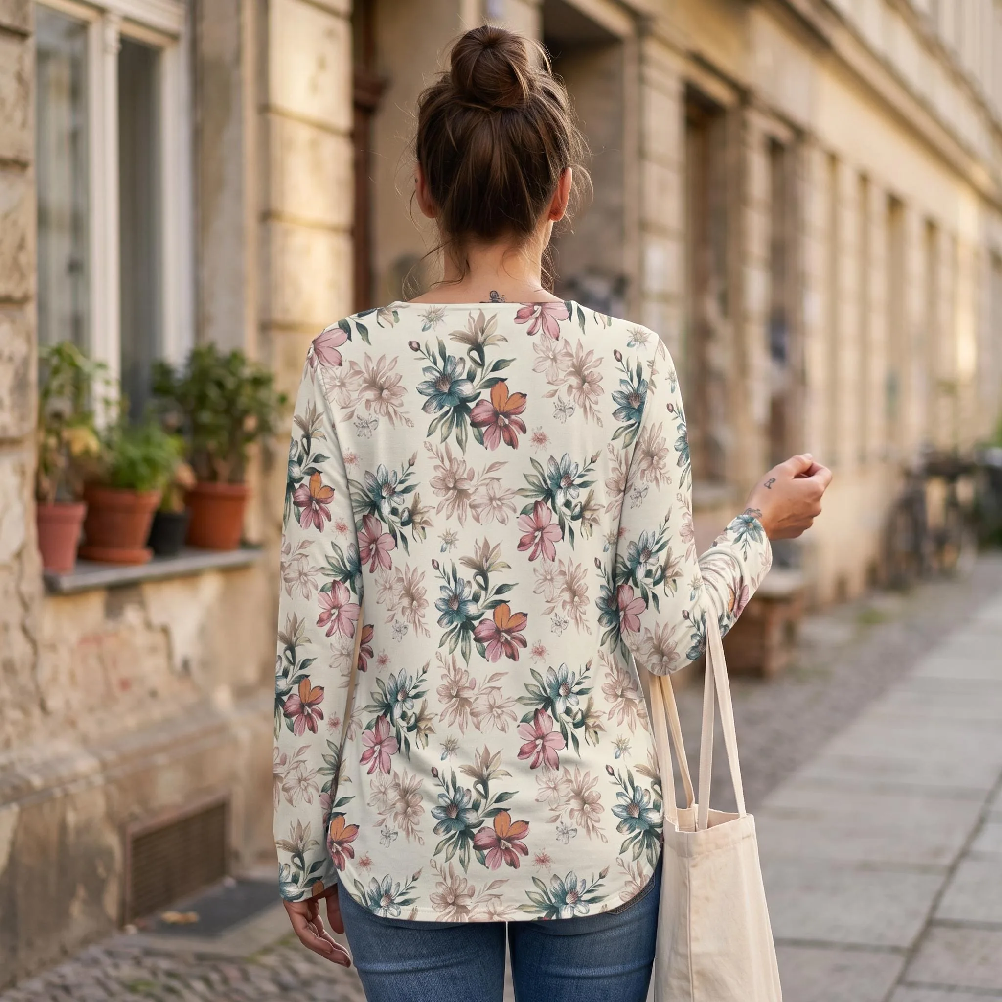 Blouse Florale Femme Col Lacé | Haut Bohème Chic Manches Longues | Tunique Romantique Printemps Été | Grande T — vue 6