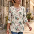 Blouse Florale Femme Col Lacé | Haut Bohème Chic Manches Longues | Tunique Romantique Printemps Été | Grande T — vue 7