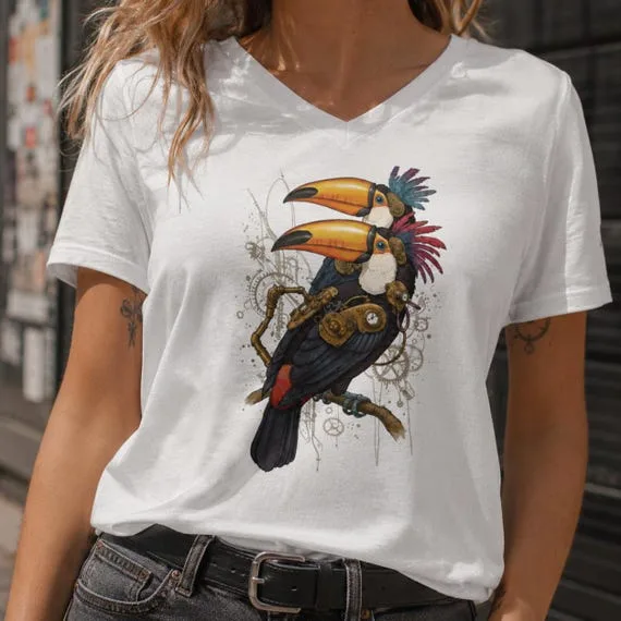 T-shirt femme col V Toucan steampunk PunkForge
