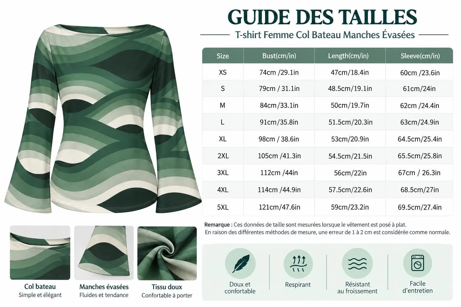 Top Femme Manches Évasées, Encolure Bateau, Motif Ondulé Vert Rétro, Haut Élégant et Confo – vue 10
