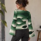 Top Femme Manches Évasées, Encolure Bateau, Motif Ondulé Vert Rétro, Haut Élégant et Confo – vue 2
