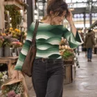 Top Femme Manches Évasées, Encolure Bateau, Motif Ondulé Vert Rétro, Haut Élégant et Confo – vue 3