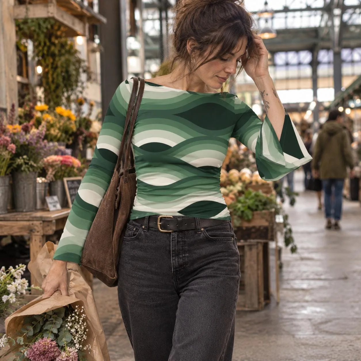 Top Femme Manches Évasées, Encolure Bateau, Motif Ondulé Vert Rétro, Haut Élégant et Confo – vue 3