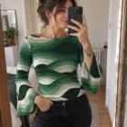 Top Femme Manches Évasées, Encolure Bateau, Motif Ondulé Vert Rétro, Haut Élégant et Confo – vue 4