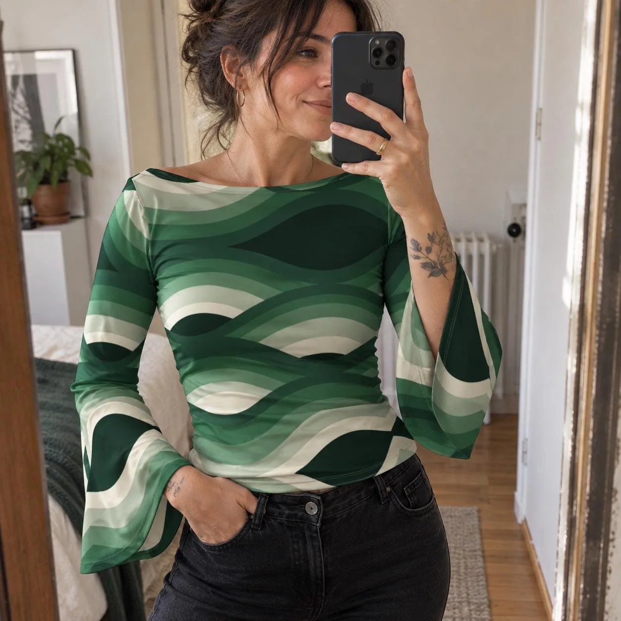 Top Femme Manches Évasées, Encolure Bateau, Motif Ondulé Vert Rétro, Haut Élégant et Confo – vue 4