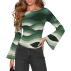 Top Femme Manches Évasées, Encolure Bateau, Motif Ondulé Vert Rétro, Haut Élégant et Confo – vue 6