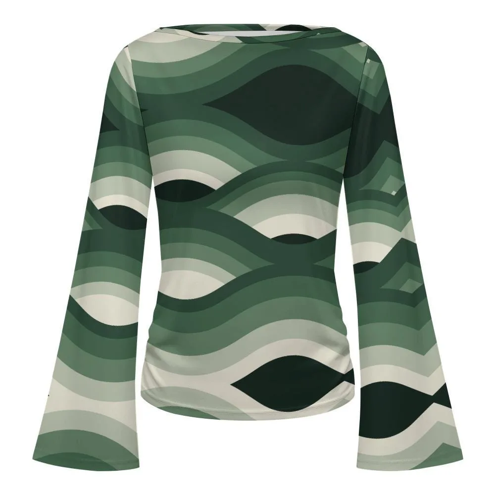 Top Femme Manches Évasées, Encolure Bateau, Motif Ondulé Vert Rétro, Haut Élégant et Confo – vue 7