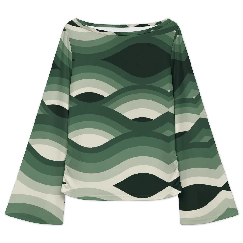 Top Femme Manches Évasées, Encolure Bateau, Motif Ondulé Vert Rétro, Haut Élégant et Confo – vue 8
