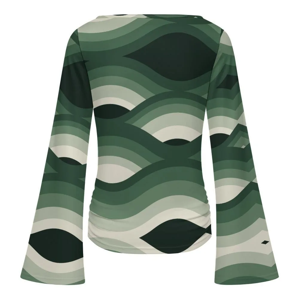 Top Femme Manches Évasées, Encolure Bateau, Motif Ondulé Vert Rétro, Haut Élégant et Confo – vue 9