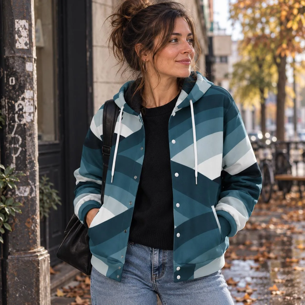 Veste à Capuche Unisexe Bleu Pétrole, Veste Automne Hiver, Motif Abstrait Géométrique, Str – photo 1 Veste à Capuche Unisexe Bleu Pétrole, Veste Automne Hiver, Motif Abstrait Géométrique, Str