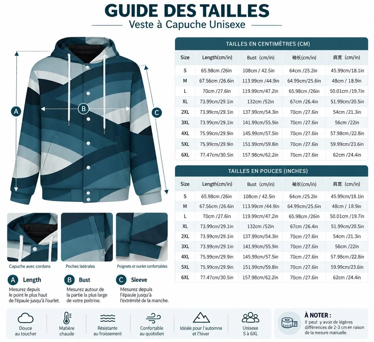 Veste à Capuche Unisexe Bleu Pétrole, Veste Automne Hiver, Motif Abstrait Géométrique, Str – vue 12