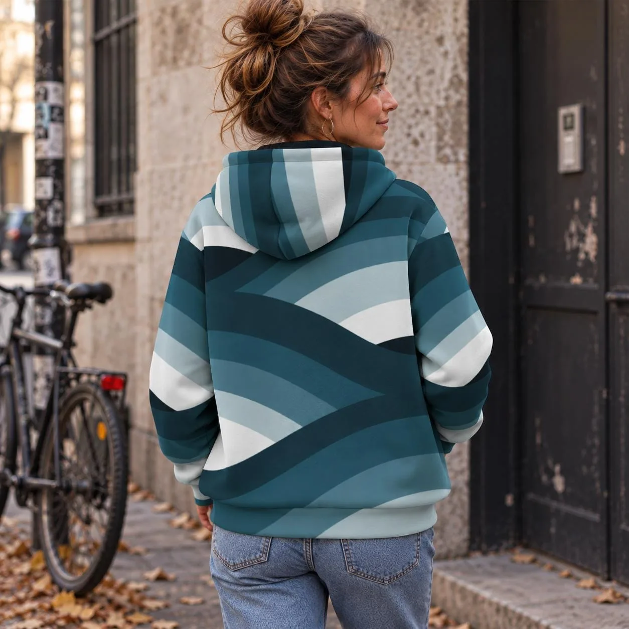 Veste à Capuche Unisexe Bleu Pétrole, Veste Automne Hiver, Motif Abstrait Géométrique, Str – vue 2