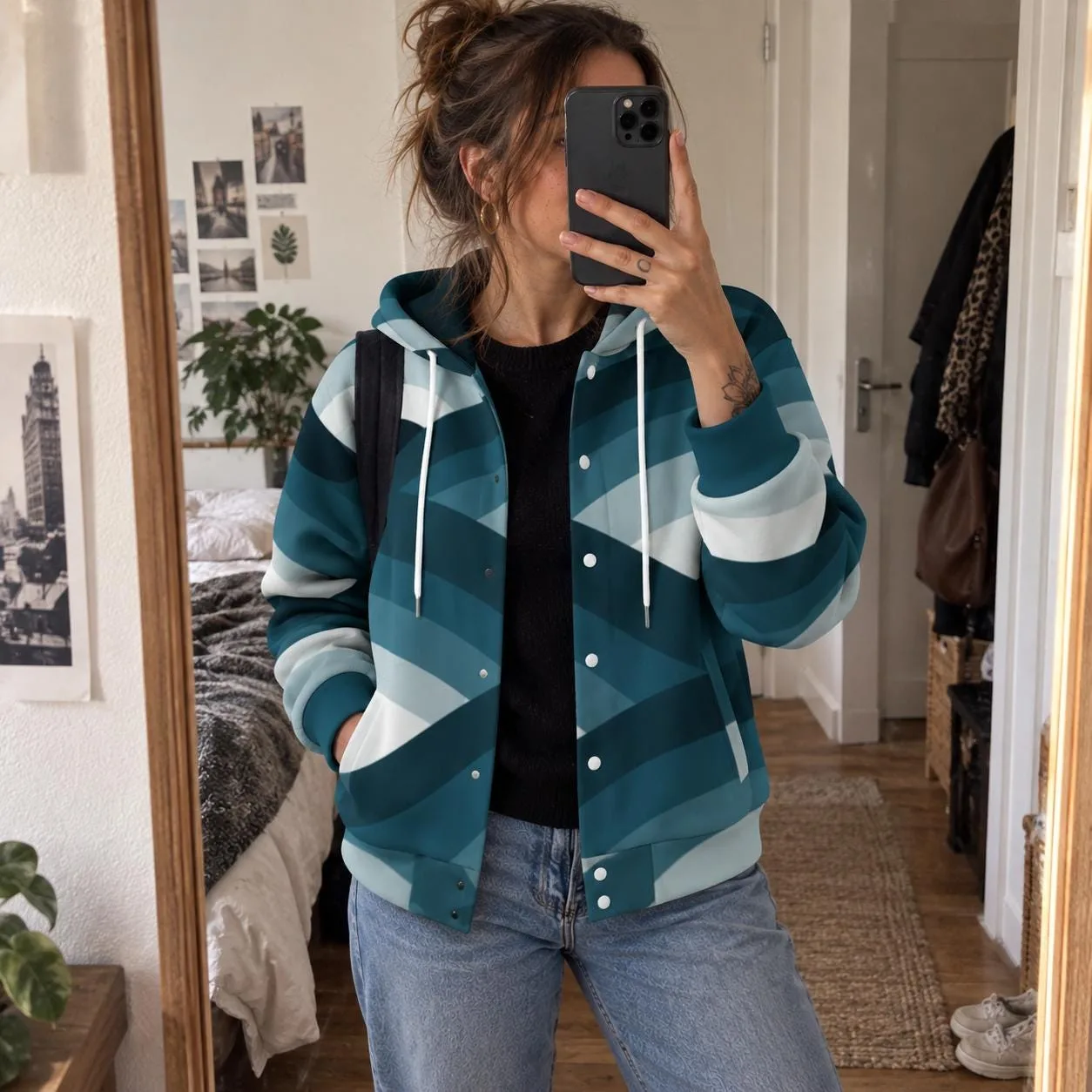 Veste à Capuche Unisexe Bleu Pétrole, Veste Automne Hiver, Motif Abstrait Géométrique, Str – vue 4