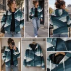 Veste à Capuche Unisexe Bleu Pétrole, Veste Automne Hiver, Motif Abstrait Géométrique, Str – vue 7