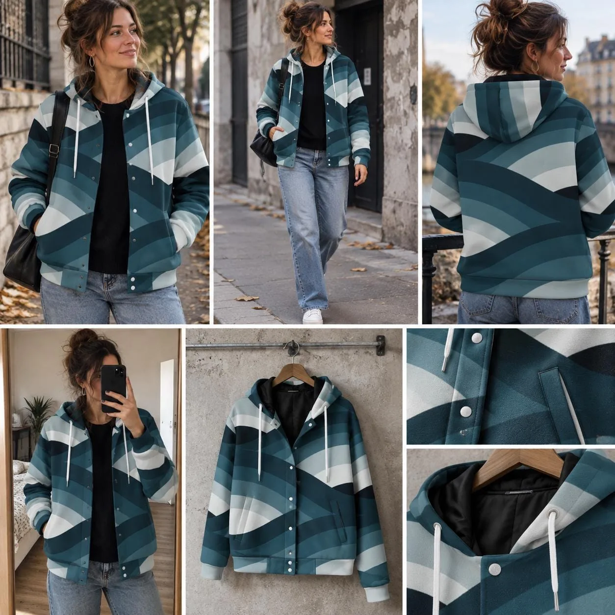 Veste à Capuche Unisexe Bleu Pétrole, Veste Automne Hiver, Motif Abstrait Géométrique, Str – vue 7